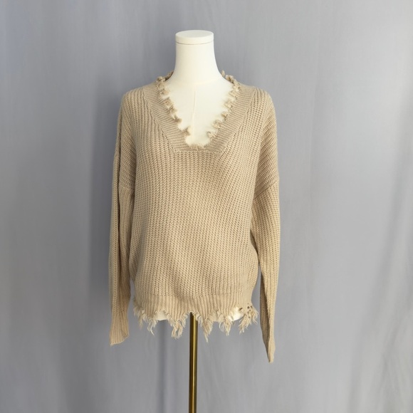 Daytrip Sweaters - Daytrip V-Neck Frayed Hem Sweater - Beige